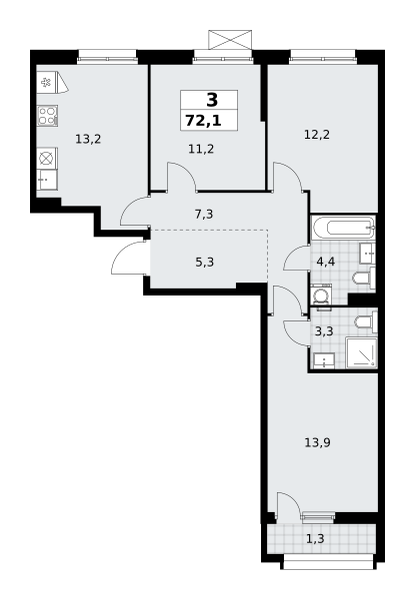 Планировка 3-комнатная квартира в ЖК "Прокшино"