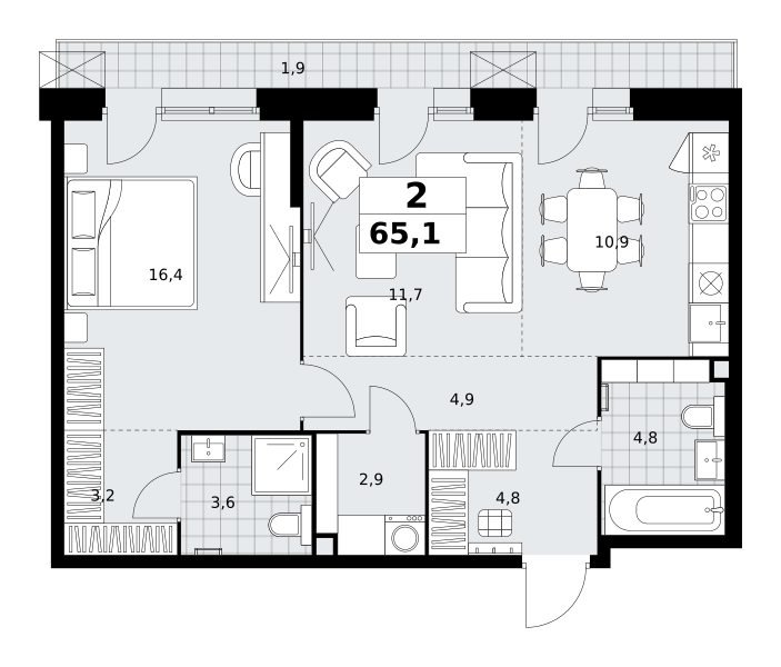 Планировка 2-комнатная квартира в ЖК "Дзен-кварталы"
