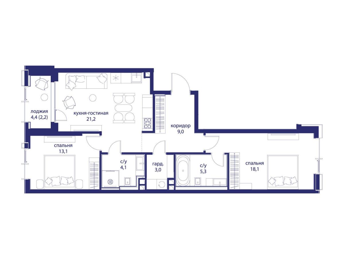 Планировка 2-комнатная квартира в ЖК "Событие"