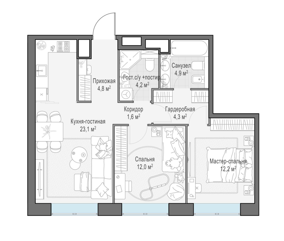 Планировка 3-комнатная квартира в ЖК West Garden (Вест Гарден)