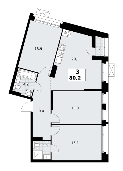 Планировка 3-комнатная квартира в ЖК "Прокшино"