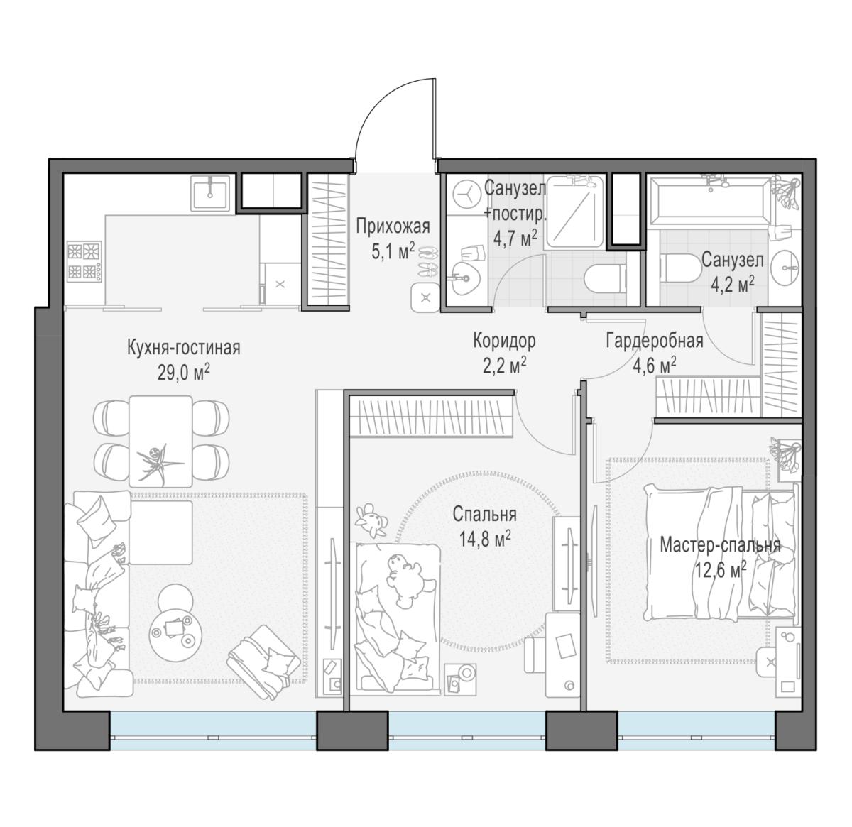 Планировка 3-комнатная квартира в ЖК West Garden (Вест Гарден)