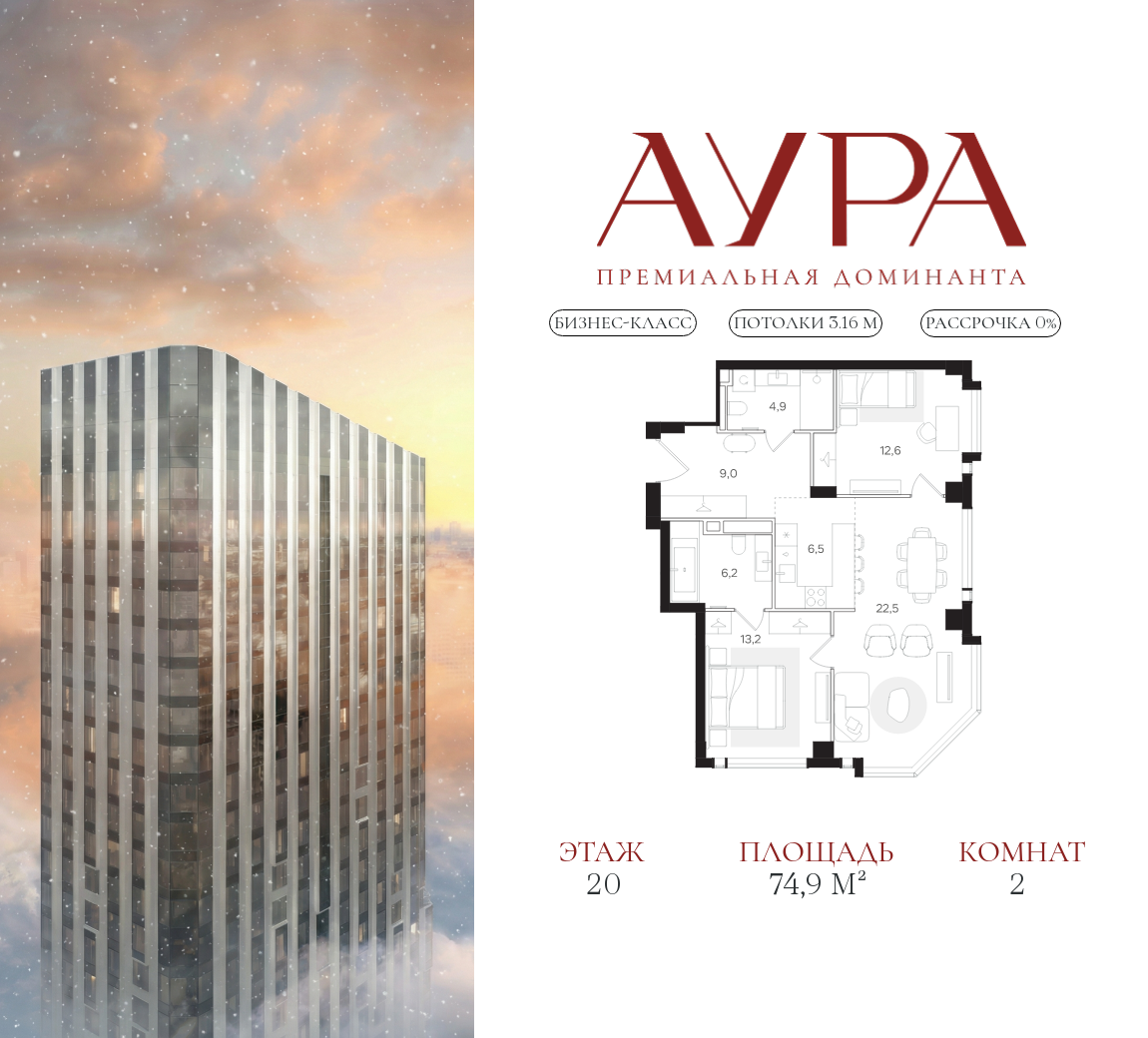 Планировка 2-комнатная квартира в ЖК "АУРА" (Мангазея на Тульской)