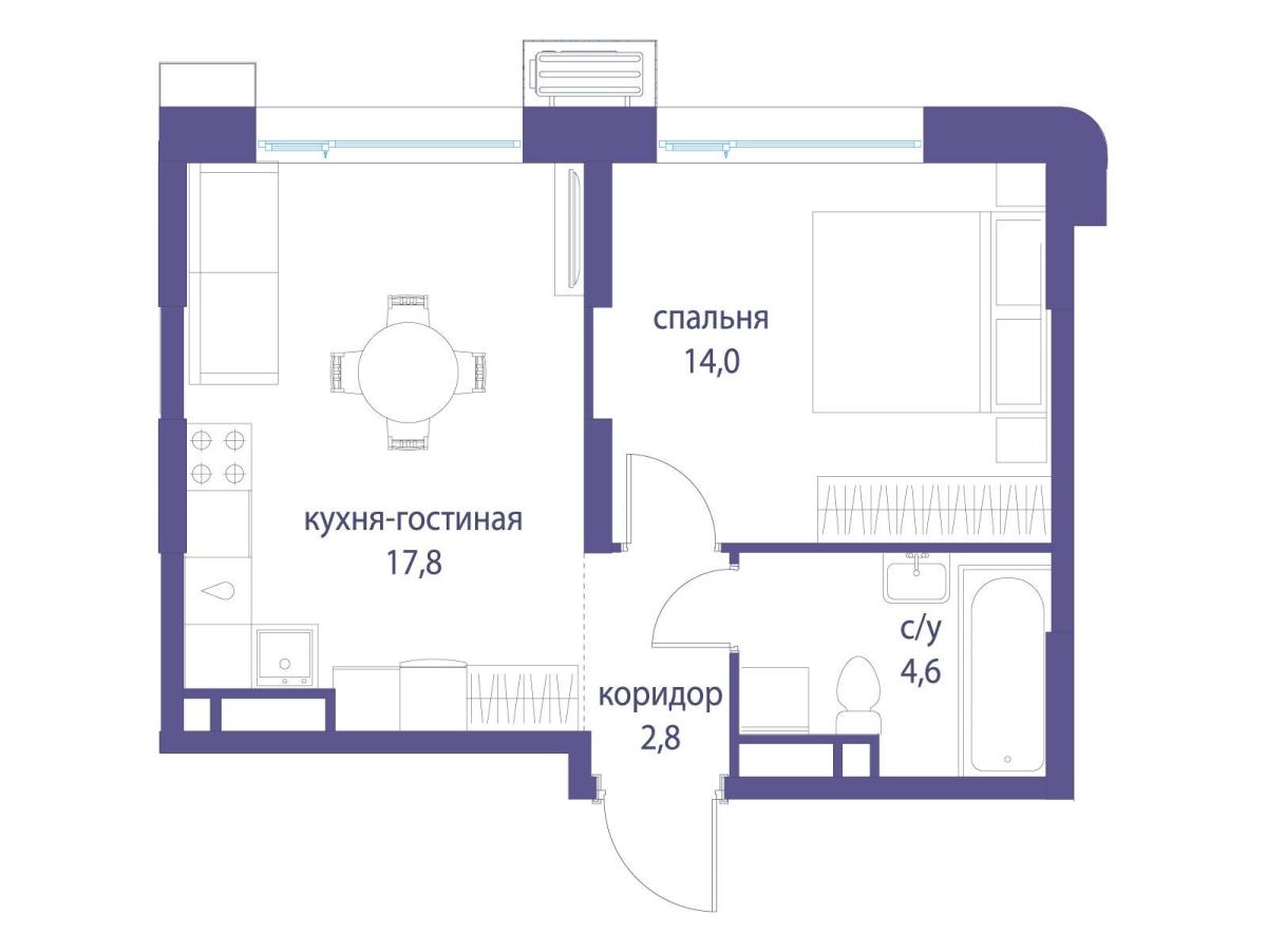 Планировка 1-комнатная квартира в ЖК "Символ"