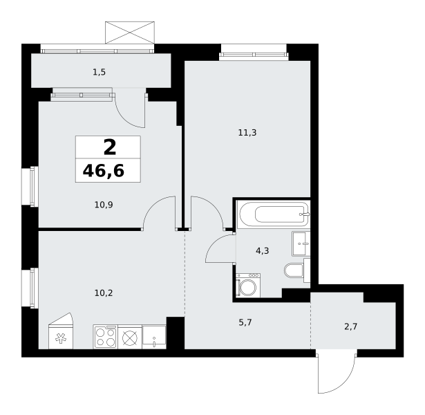 Планировка 2-комнатная квартира в ЖК "Прокшино"