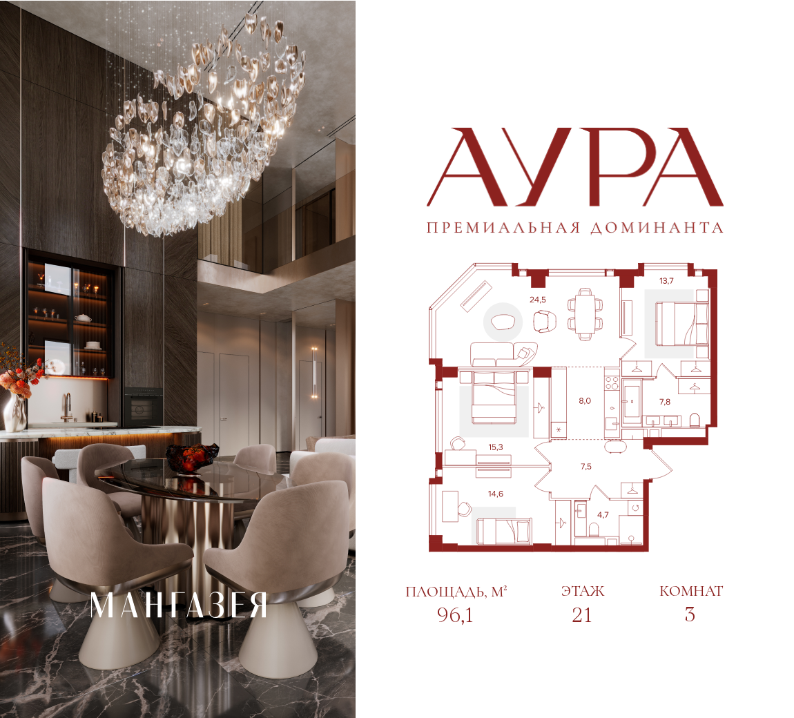 Планировка 3-комнатная квартира в ЖК "АУРА" (Мангазея на Тульской)