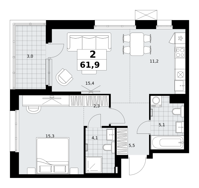Планировка 2-комнатная квартира в ЖК "Дзен-кварталы"