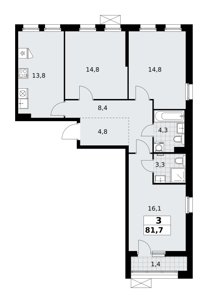 Планировка 3-комнатная квартира в ЖК "Прокшино"
