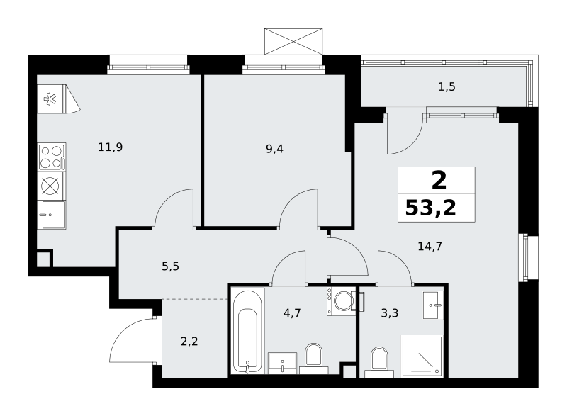Планировка 2-комнатная квартира в ЖК "Прокшино"