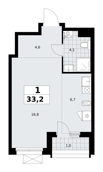Планировка 1-комнатная квартира в ЖК "Прокшино"