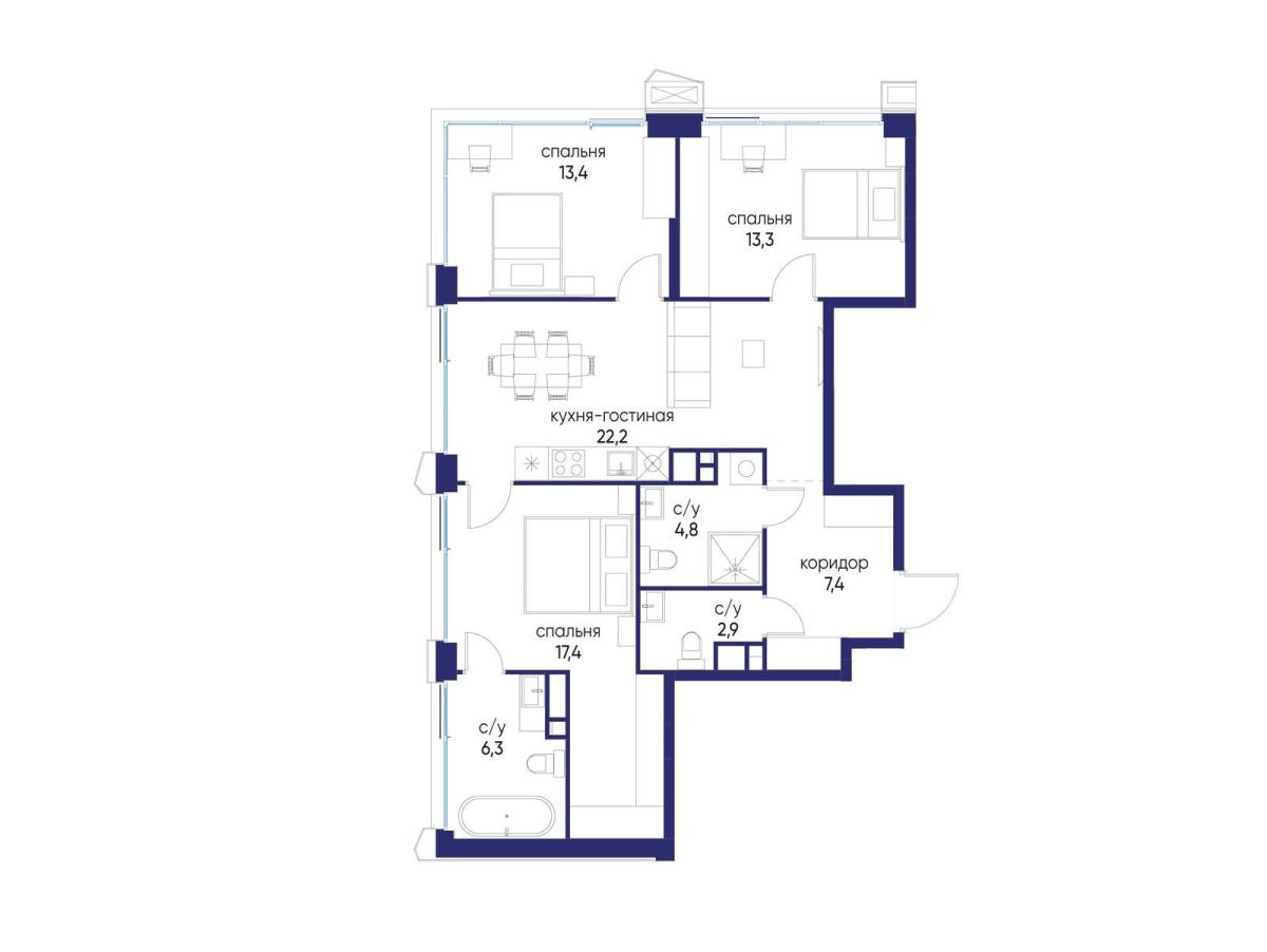 Планировка 3-комнатная квартира в ЖК "Остров"