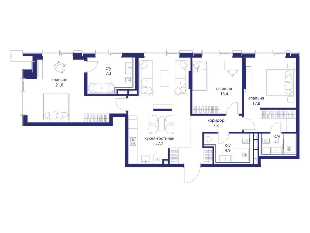Планировка 3-комнатная квартира в ЖК "Событие"