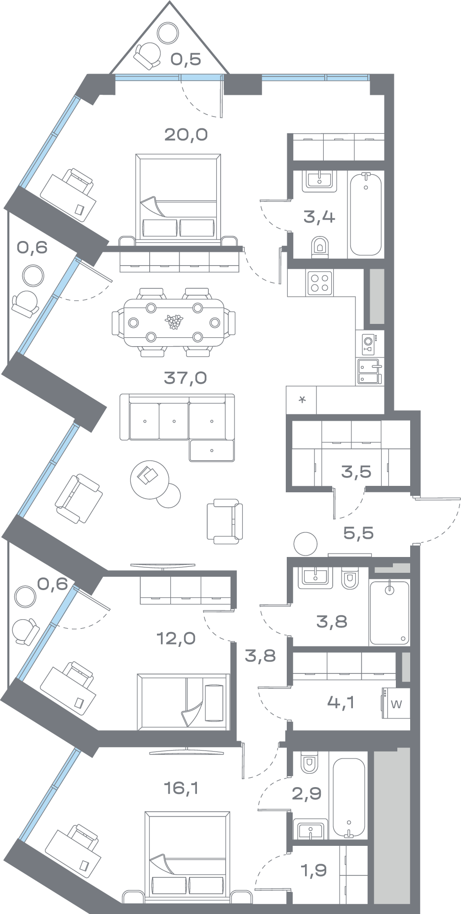 Планировка 3-комнатная квартира в ЖК "Дом Горизонтов"
