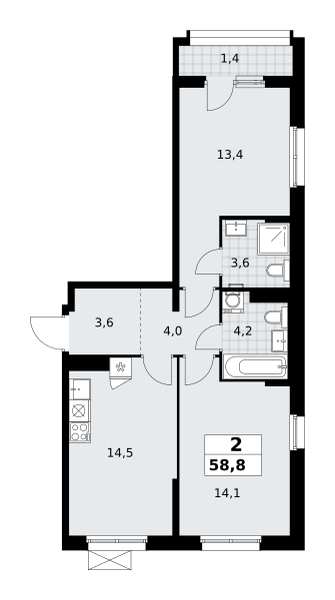 Планировка 2-комнатная квартира в ЖК "Прокшино"