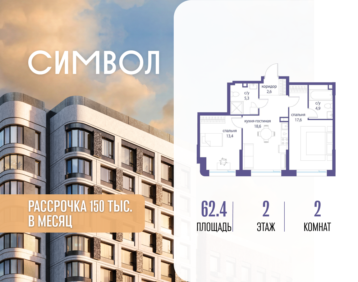 Планировка 2-комнатная квартира в ЖК "Символ"