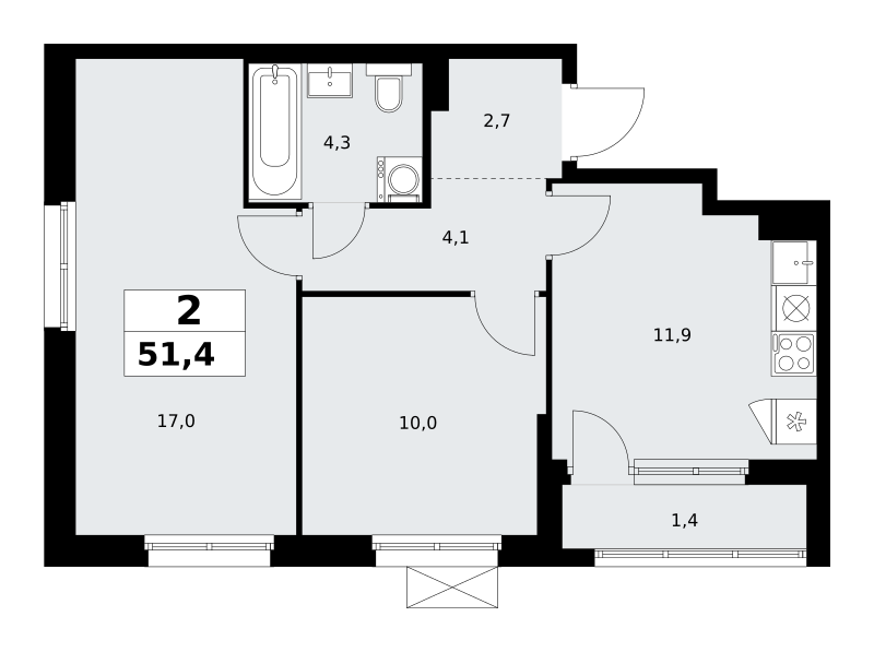 Планировка 2-комнатная квартира в ЖК "Прокшино"