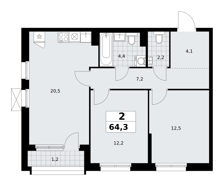Планировка 2-комнатная квартира в ЖК "Прокшино"