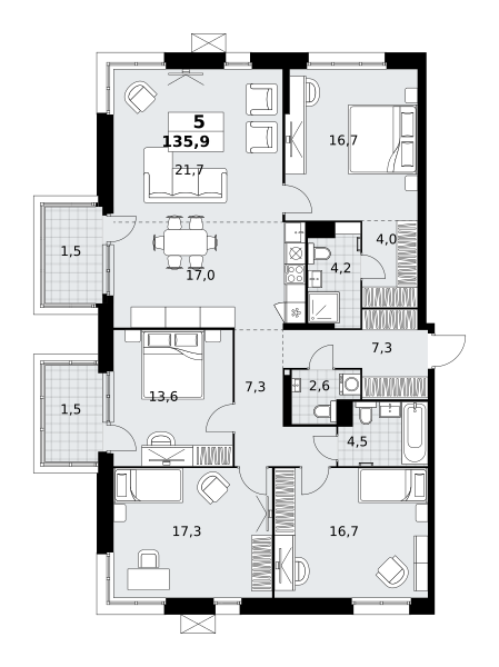 Планировка 5-комнатная квартира в ЖК "Дзен-кварталы"