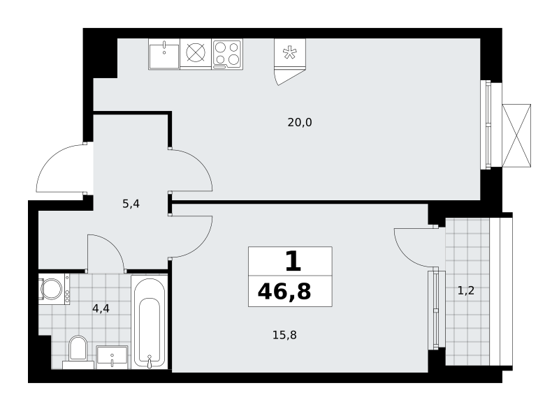 Планировка 1-комнатная квартира в ЖК "Прокшино"