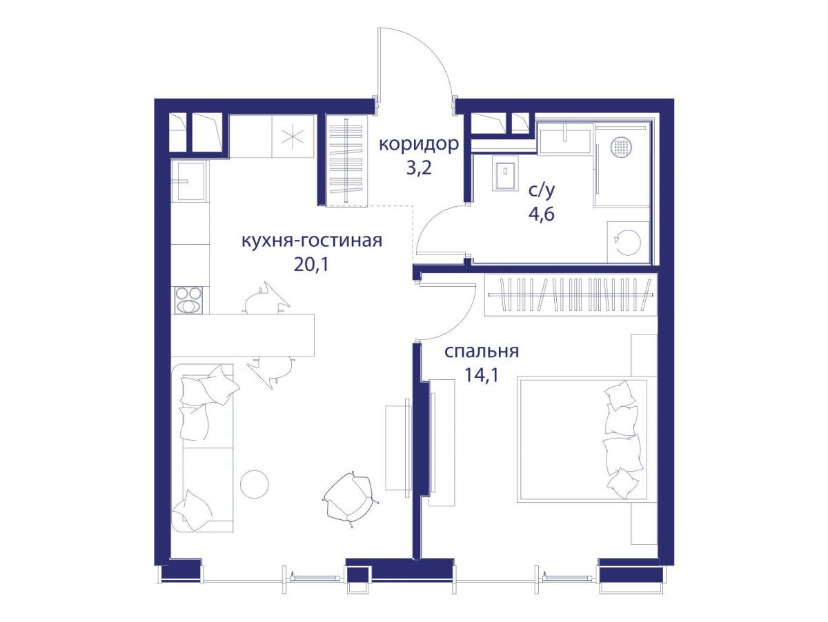 Планировка 1-комнатная квартира в ЖК "Событие"