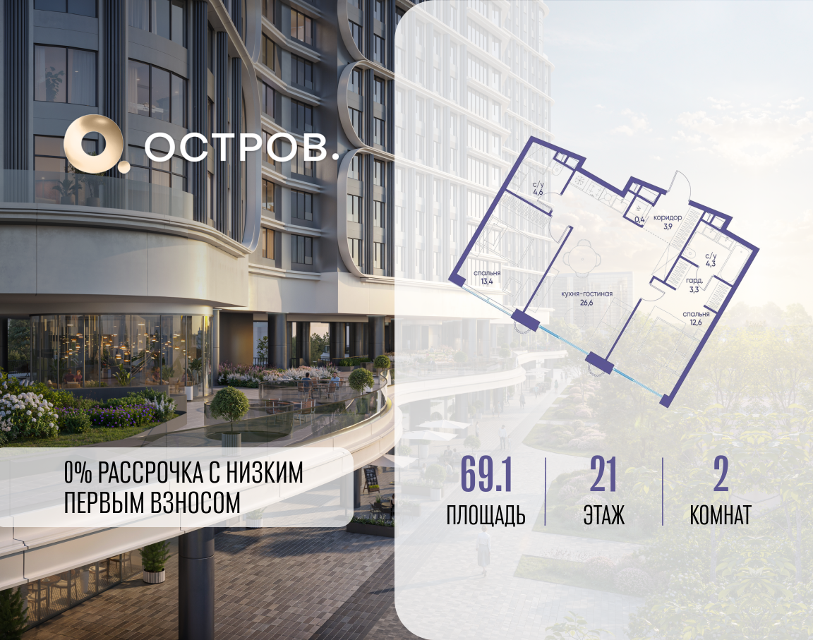Планировка 2-комнатная квартира в ЖК "Остров"
