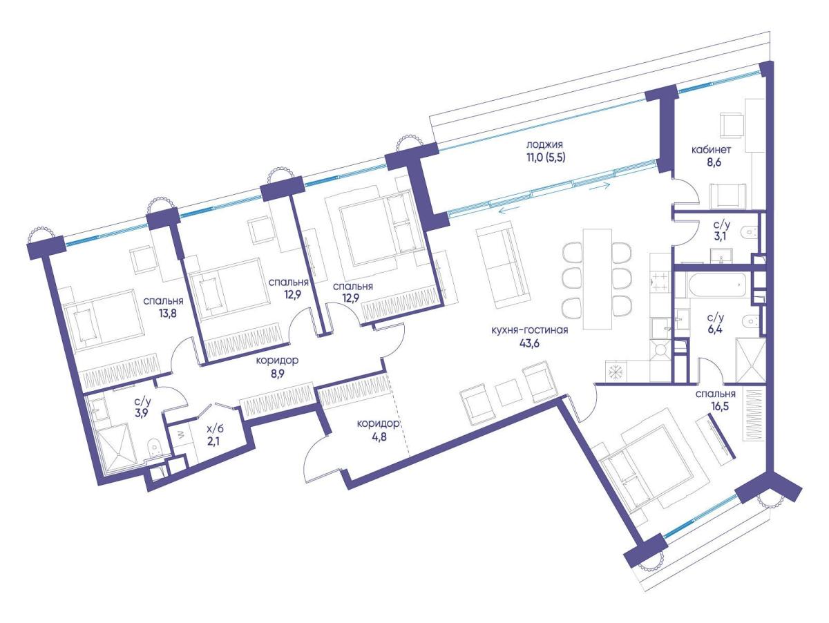 Планировка 5-комнатная квартира в ЖК "Остров"