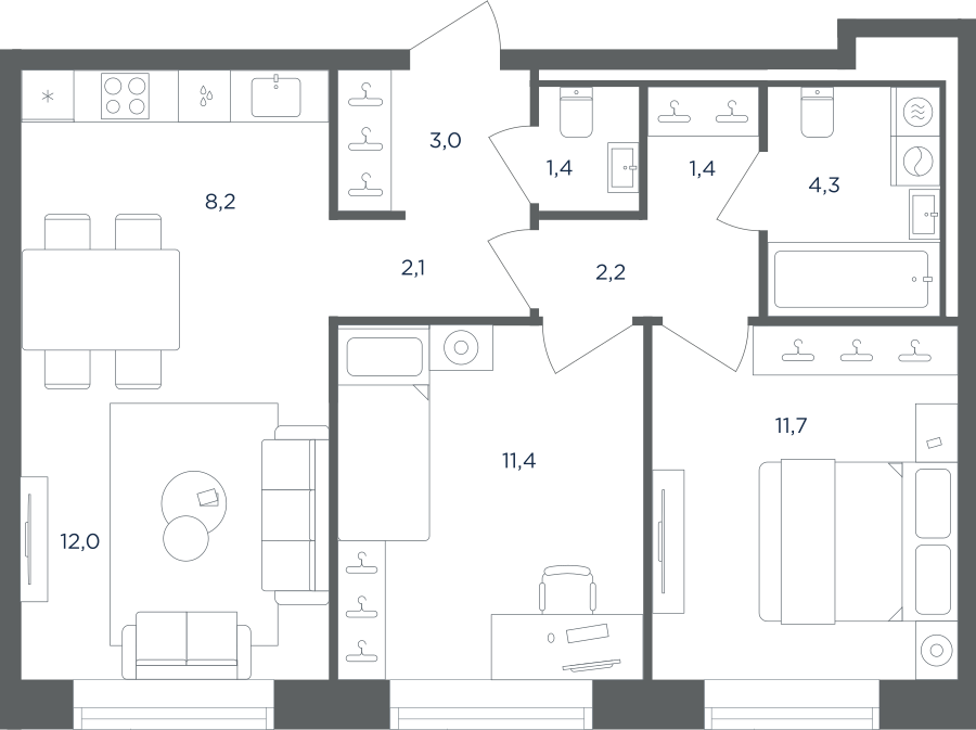 Планировка 3-комнатная квартира в ЖК "Равновесие"