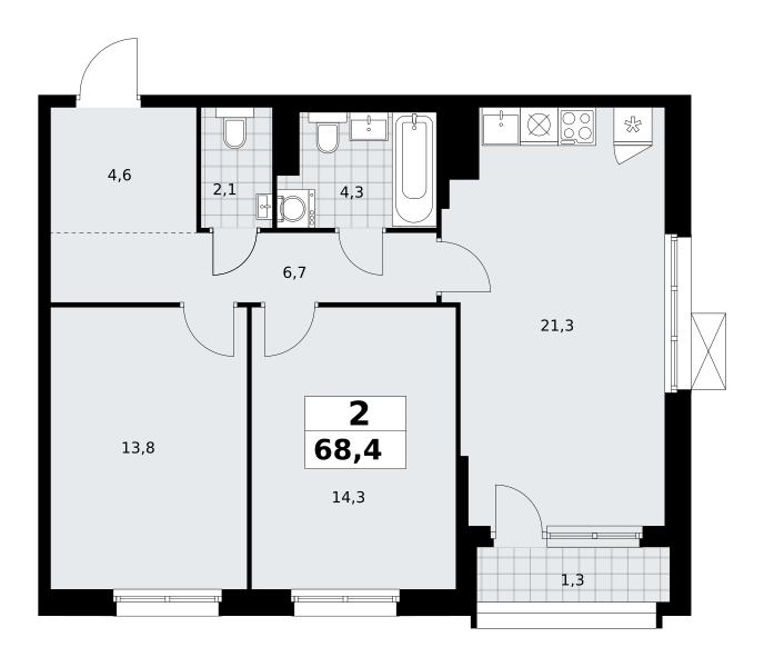 Планировка 2-комнатная квартира в ЖК "Прокшино"