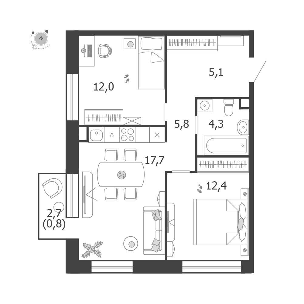 Планировка 2-комнатная квартира в ЖК Shagal (Шагал)