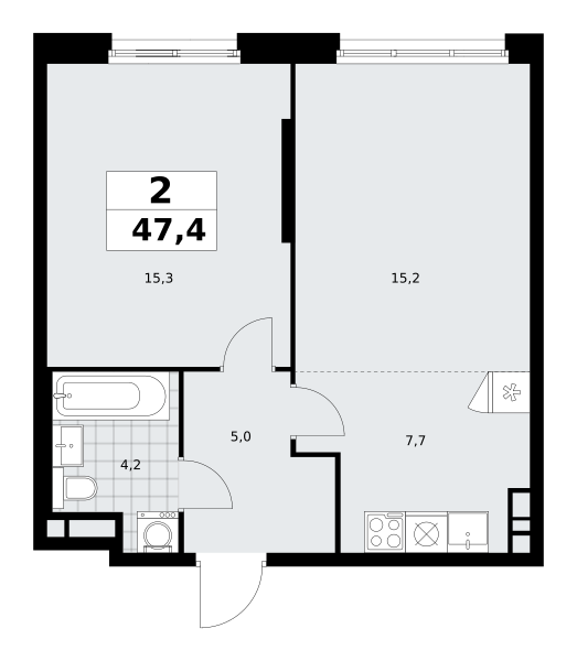 Планировка 2-комнатная квартира в ЖК "Прокшино"