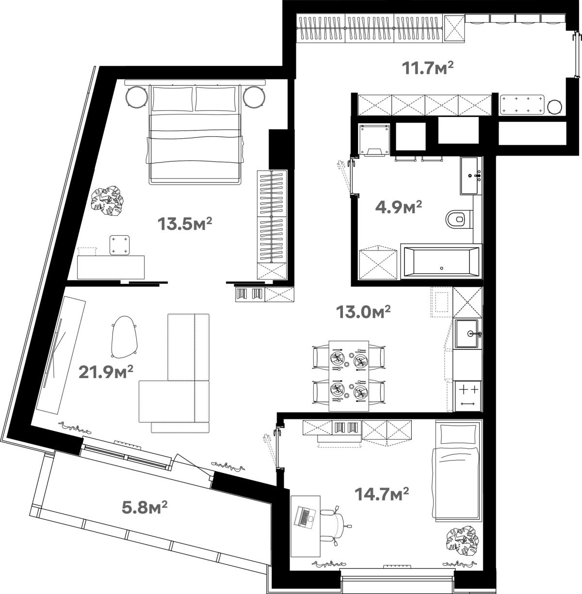 Планировка 3-комнатная квартира в ЖК River Нouse Щёлково