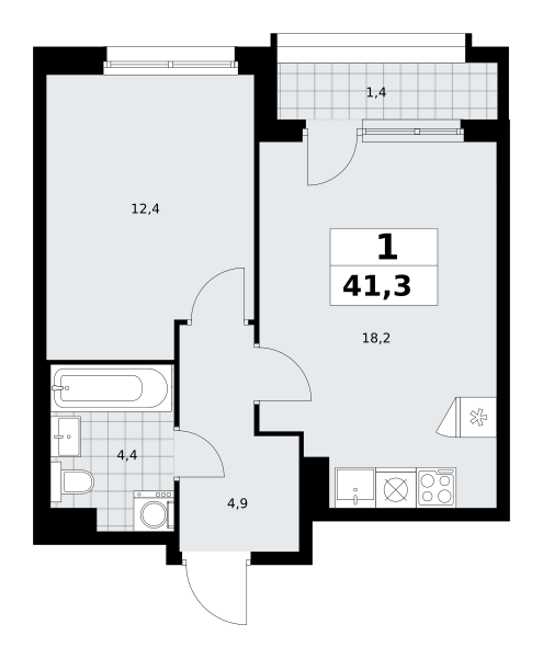 Планировка 1-комнатная квартира в ЖК "Прокшино"