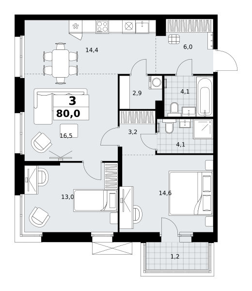 Планировка 3-комнатная квартира в ЖК "Дзен-кварталы"