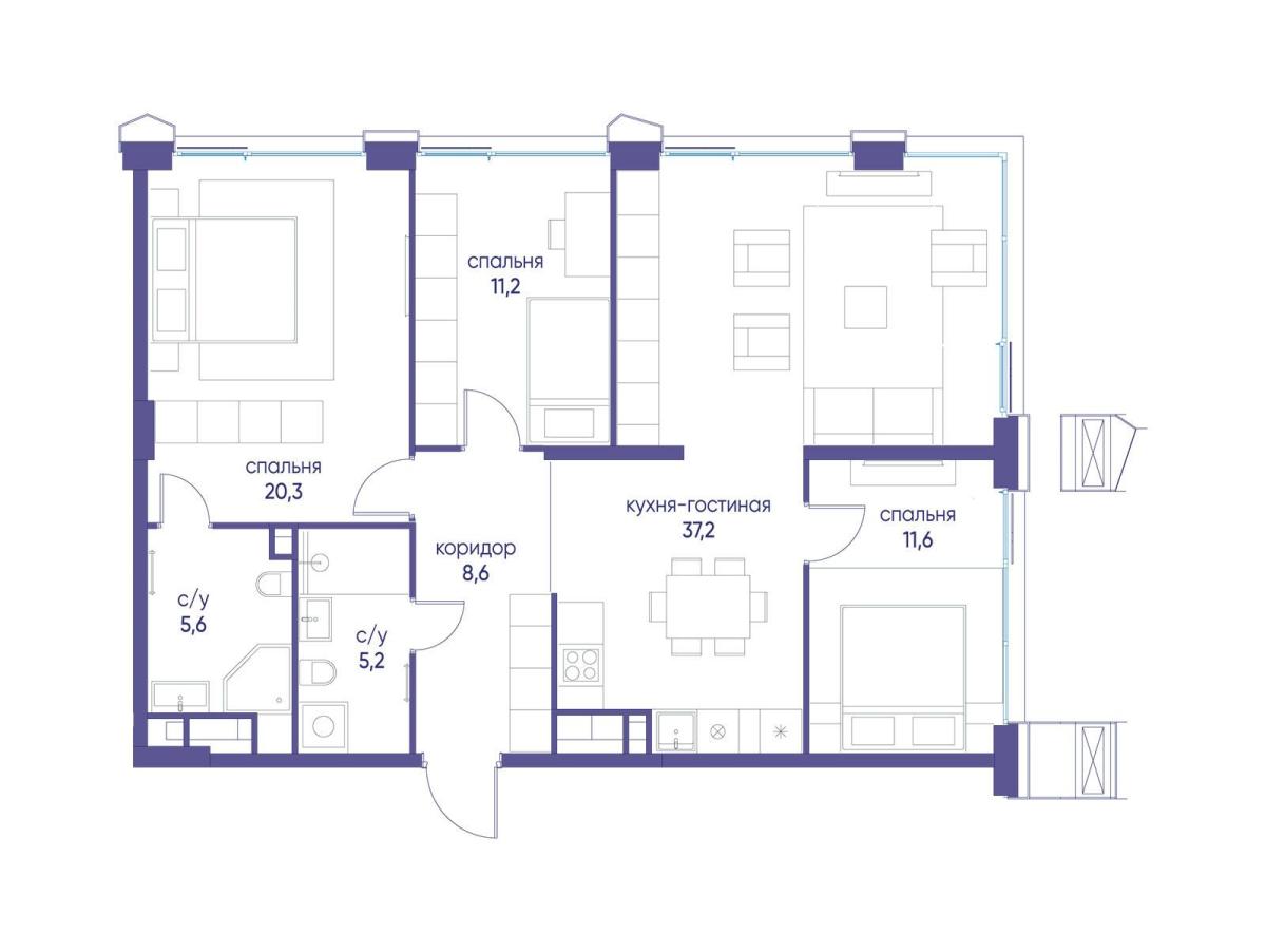 Планировка 3-комнатная квартира в ЖК "Остров"