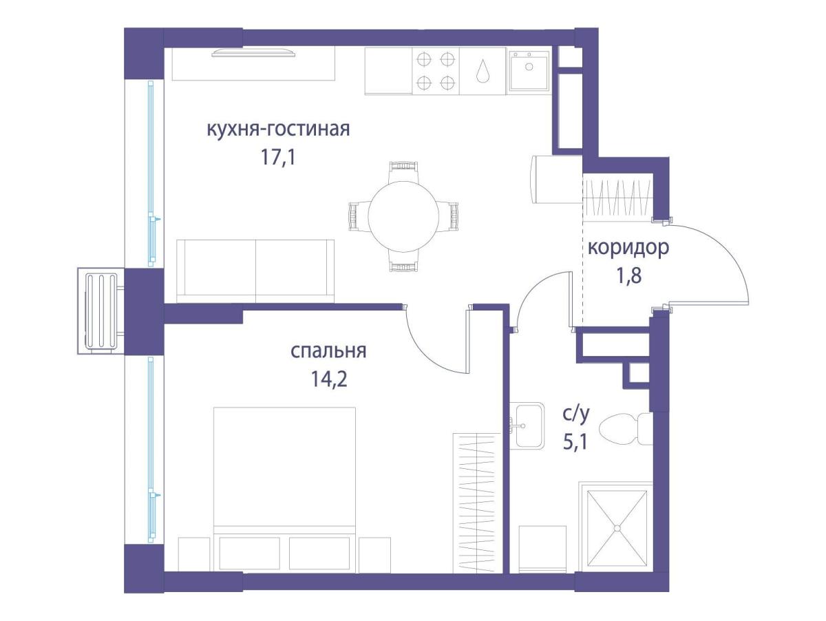 Планировка 1-комнатная квартира в ЖК "Символ"