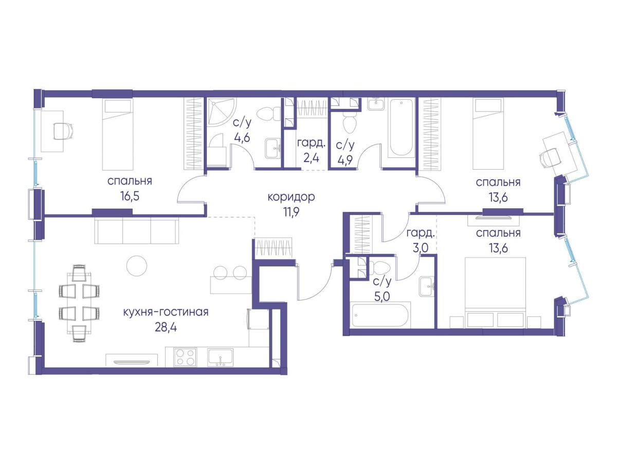 Планировка 3-комнатная квартира в ЖК "Событие"