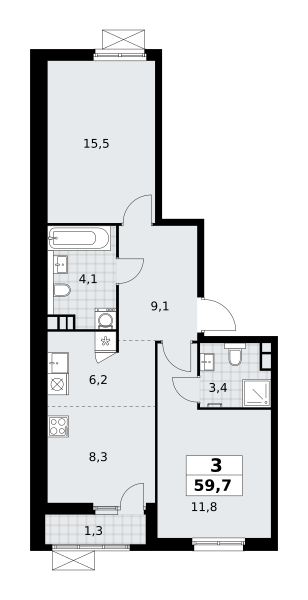 Планировка 3-комнатная квартира в ЖК "Южные Сады"