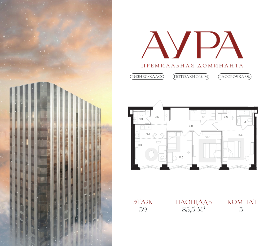 Планировка 3-комнатная квартира в ЖК "АУРА" (Мангазея на Тульской)