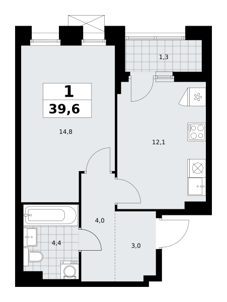 Планировка 1-комнатная квартира в ЖК "Прокшино"