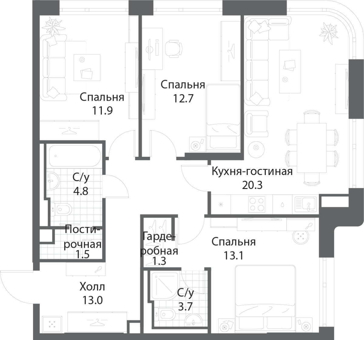 Планировка 3-комнатная квартира в ЖК Nagatino i-Land (Нагатино ай-лэнд)