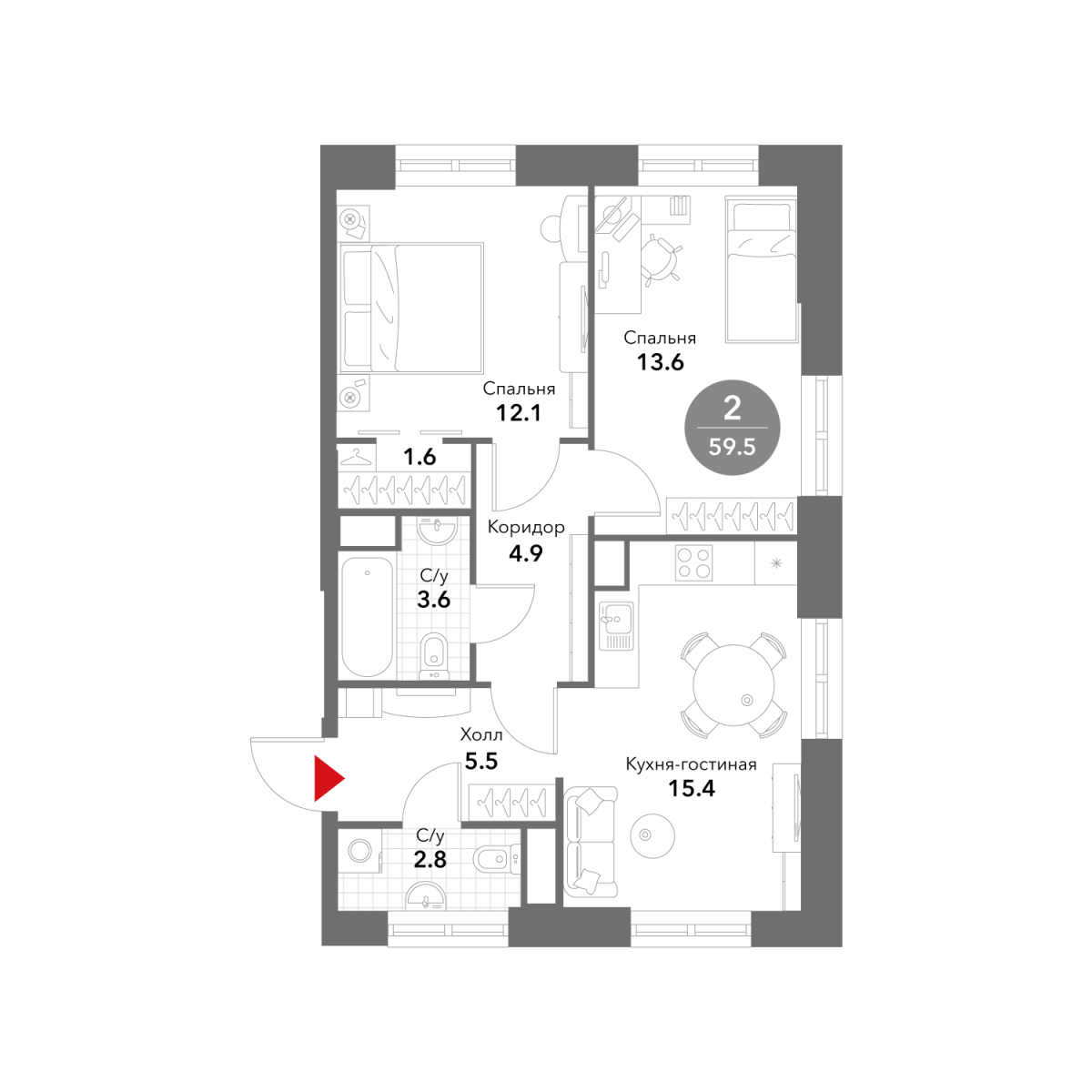 Планировка 2-комнатная квартира в ЖК Voxhall (Воксхолл)