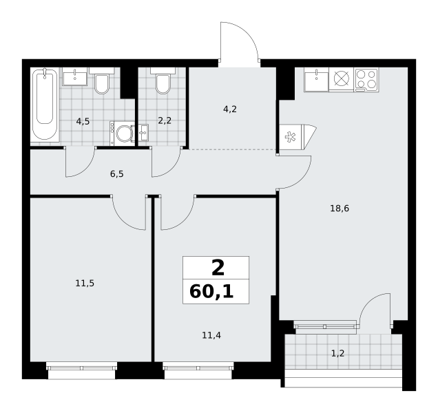 Планировка 2-комнатная квартира в ЖК "Прокшино"