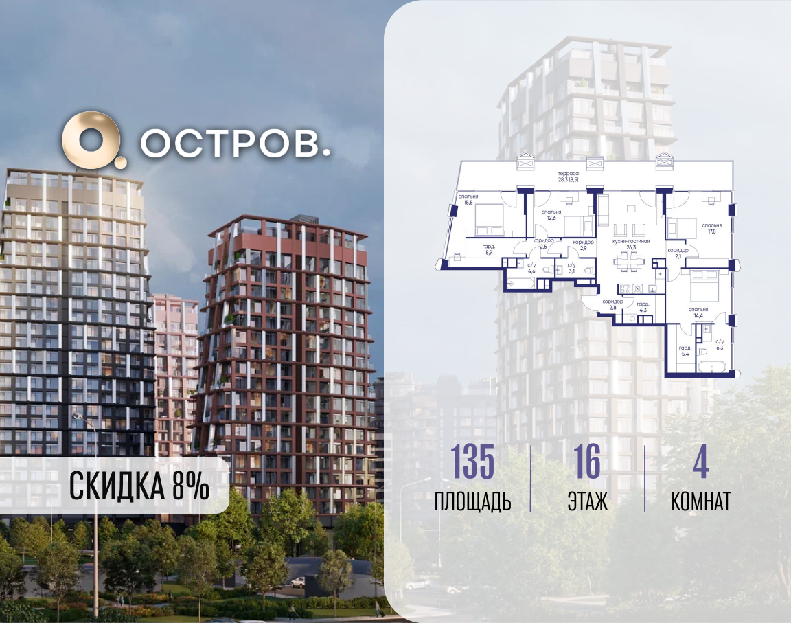 Планировка 4-комнатная квартира в ЖК "Остров"