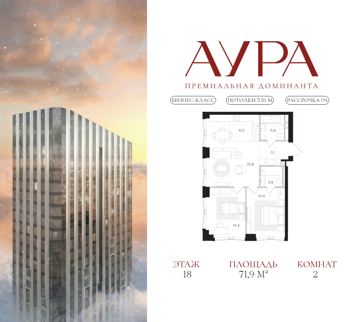 Планировка 2-комнатная квартира в ЖК "АУРА" (Мангазея на Тульской)