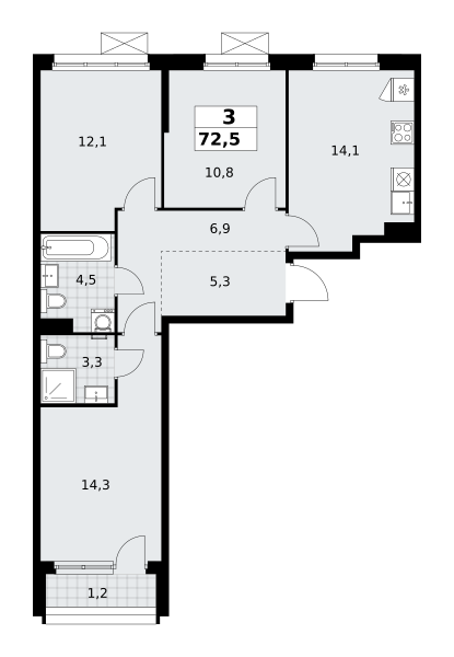 Планировка 3-комнатная квартира в ЖК "Прокшино"