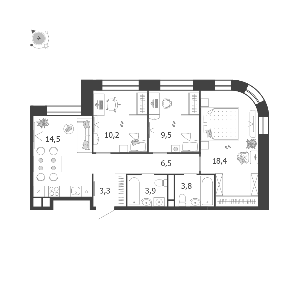 Планировка 3-комнатная квартира в ЖК Shagal (Шагал)