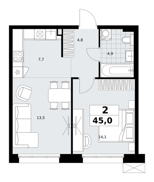 Планировка 2-комнатная квартира в ЖК "Дзен-кварталы"