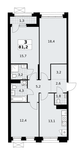 Планировка 3-комнатная квартира в ЖК "Прокшино"