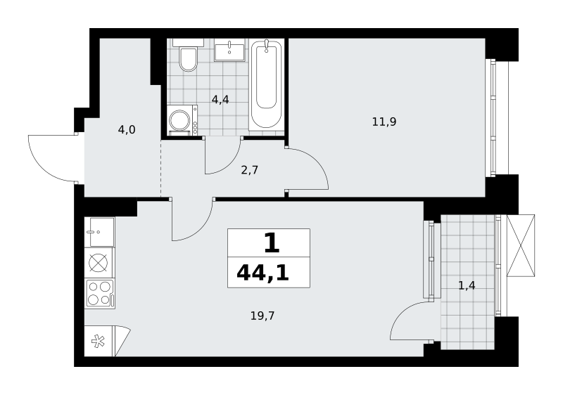 Планировка 1-комнатная квартира в ЖК "Прокшино"