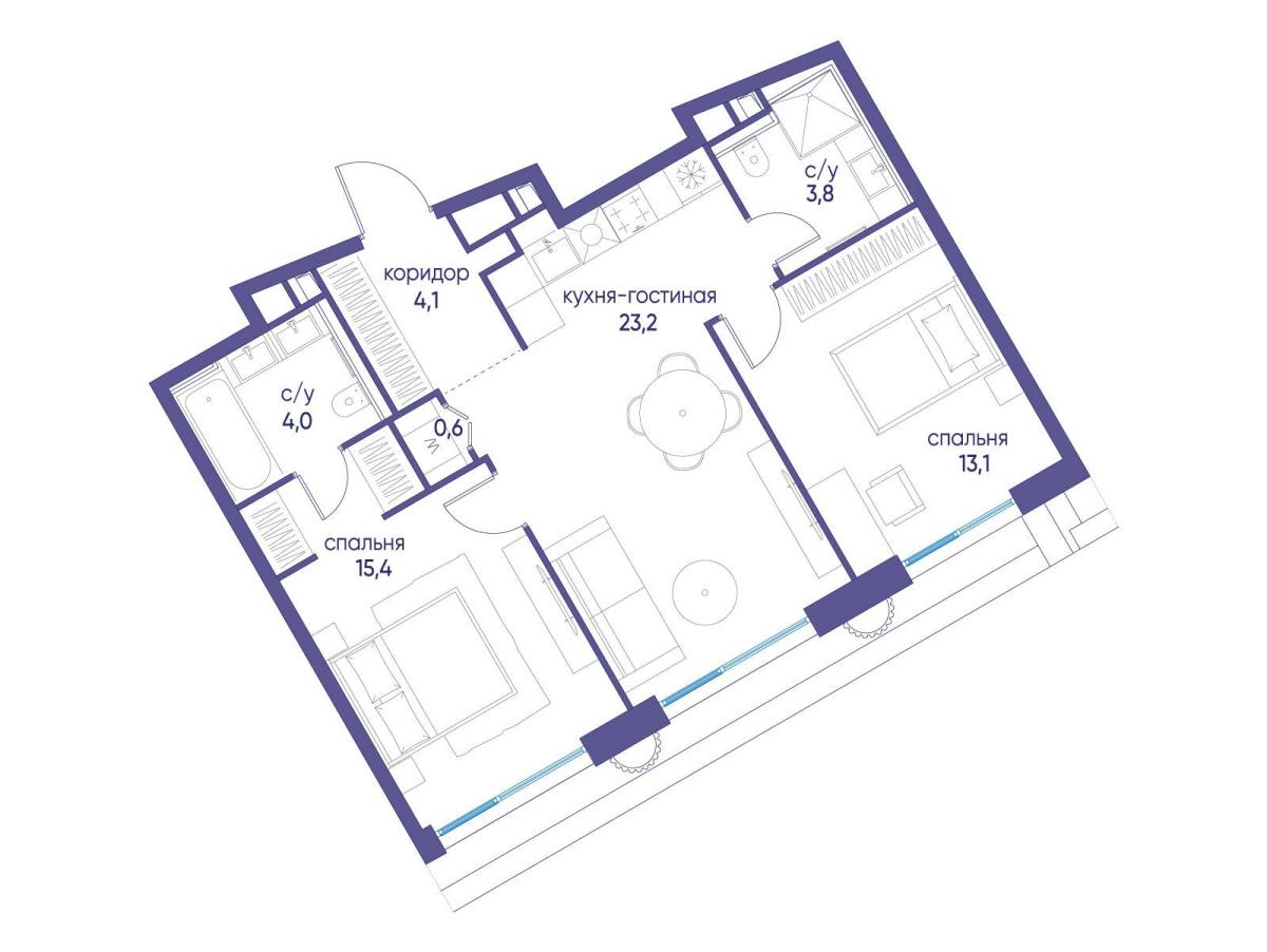 Планировка 2-комнатная квартира в ЖК "Остров"